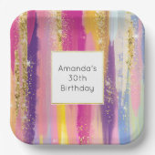 Farbenfrohe Regenbogenstreifen mit Imitaten Gold G Pappteller (Vorderseite)