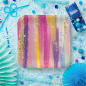 Farbenfrohe Regenbogenstreifen mit Imitaten Gold G Pappteller (Party)