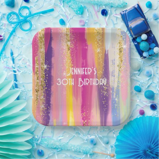 Farbenfrohe Regenbogenstreifen mit Imitaten Gold G Pappteller (Party)