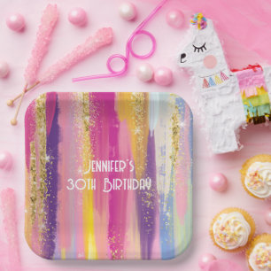 Farbenfrohe Regenbogenstreifen mit Imitaten Gold G Pappteller