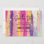 Farbenfrohe Regenbogenstreifen mit Imitaten Gold G Save The Date (Vorderseite)