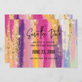 Farbenfrohe Regenbogenstreifen mit Imitaten Gold G Save The Date (Vorne/Hinten)