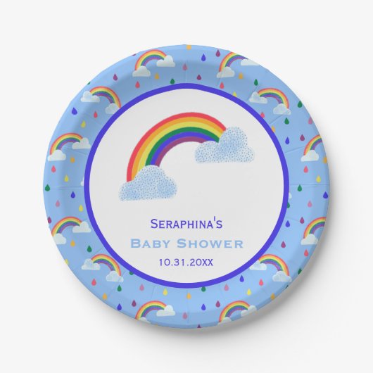 Farbenfrohe Regenbogenuppe Clouds Kinderdusche Pappteller (Vorderseite)