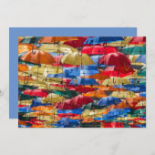 Farbenfrohe Regenschirme in himmelblau-orange rot Einladung (Vorne/Hinten)