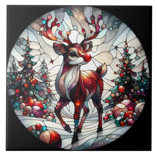 Farbenfrohe Rentiere in einem skurrilen Winterwald Fliese (Vorderseite)