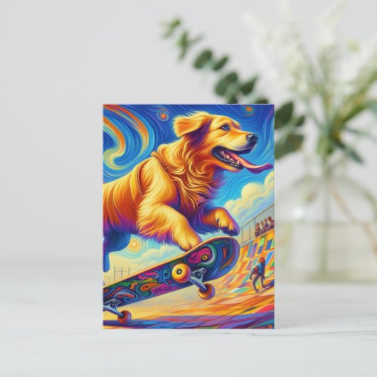 Farbenfrohe Retriever Skateboarding Postkarte (Stehend Vorderseite)