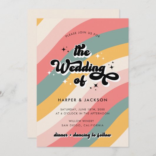 Farbenfrohe Retro-70er-Hochzeit Einladung (Vorne/Hinten)