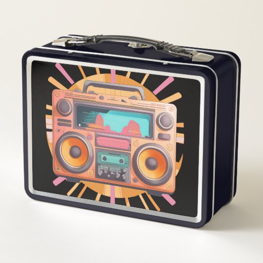 Farbenfrohe Retro-80er-Boombox mit Sonnenaufgang i Metall Brotdose (Rückseite)