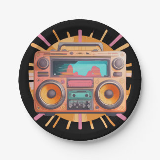 Farbenfrohe Retro-80er-Boombox mit Sonnenaufgang i Pappteller
