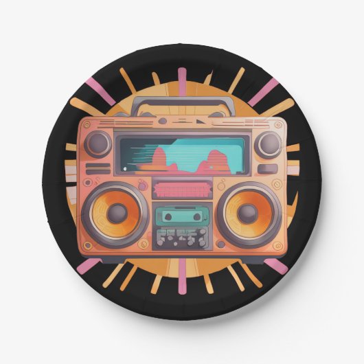Farbenfrohe Retro-80er-Boombox mit Sonnenaufgang i Pappteller (Vorderseite)