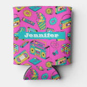 Farbenfrohe Retro-80er Girly Neon Pink-Muster Name Dosenkühler (Vorderseite)