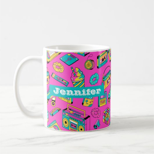 Farbenfrohe Retro-80er Girly Neon Pink-Muster Name Kaffeetasse (Links)