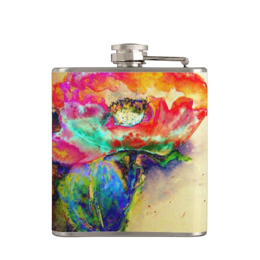 Farbenfrohe Retro Abstrakte Mohnwasserfarbe Flachmann (Rückseite)