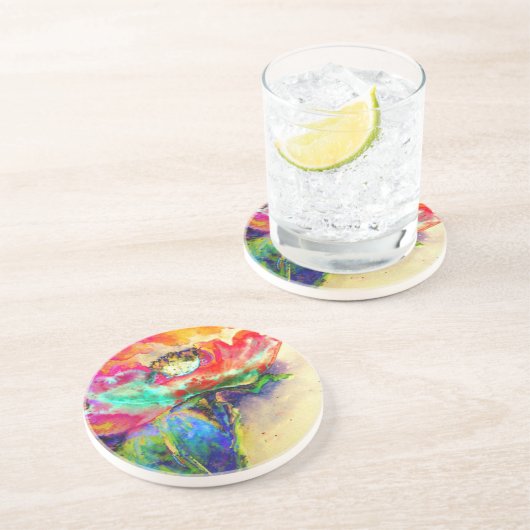 Farbenfrohe Retro Abstrakte Mohnwasserfarbe Getränkeuntersetzer (Seite)