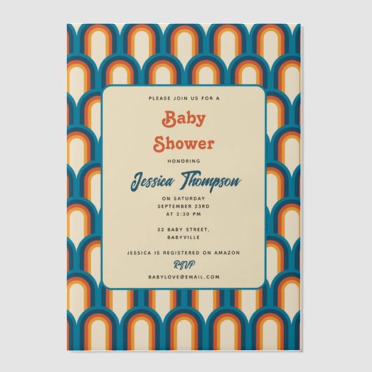 Farbenfrohe Retro Arch Rainbow Pattern Kinderdusch Pergament Einladungen (Vorderseite)