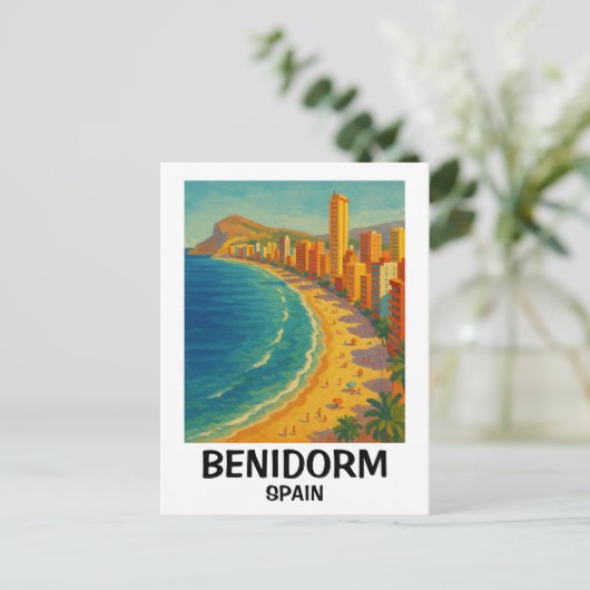 Farbenfrohe Retro Benidorm Spanien Costa Blanca Postkarte (Stehend Vorderseite)