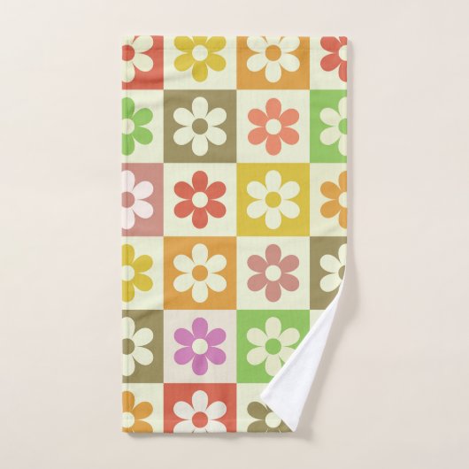 Farbenfrohe Retro-Blume auf Prüfplatine-Muster Badhandtuch Set (Handtuch)