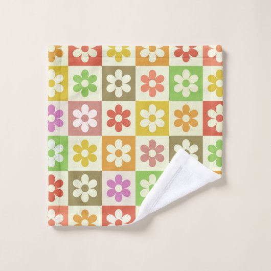 Farbenfrohe Retro-Blume auf Prüfplatine-Muster Badhandtuch Set (Waschlappen)