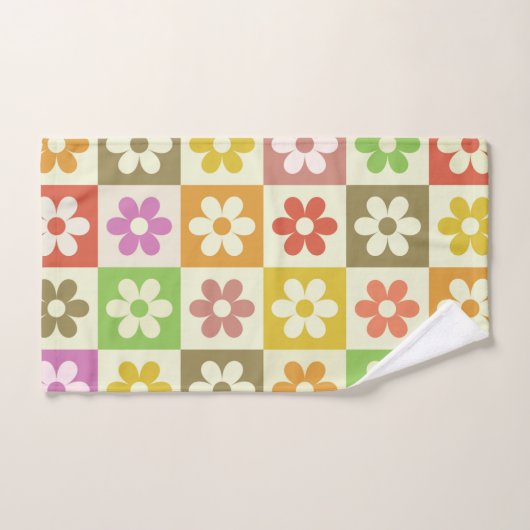 Farbenfrohe Retro-Blume auf Prüfplatine-Muster Badhandtuch Set (Handtuch)