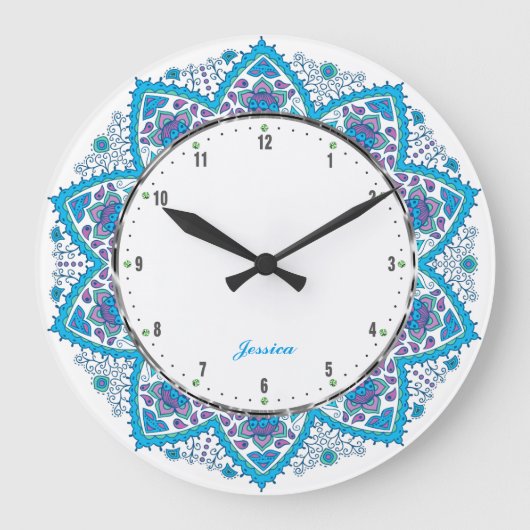 Farbenfrohe Retro-Blume Blauer Farbton 2 Große Wanduhr (Vorderseite)