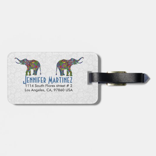 Farbenfrohe Retro-Blume Elephant 3c-Design Gepäckanhänger (Rückseite horizontal)