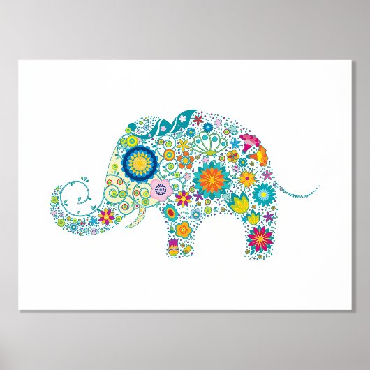 Farbenfrohe Retro-Blume Elephant Illustration Foliendrucke (Vorderseite)