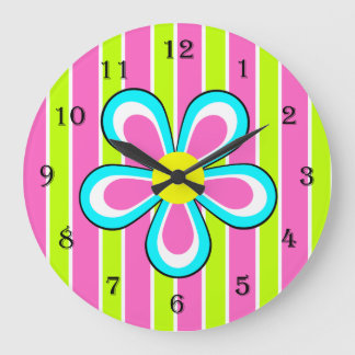 Farbenfrohe Retro-Blume-Uhr - Heiß rosa und Limon Große Wanduhr