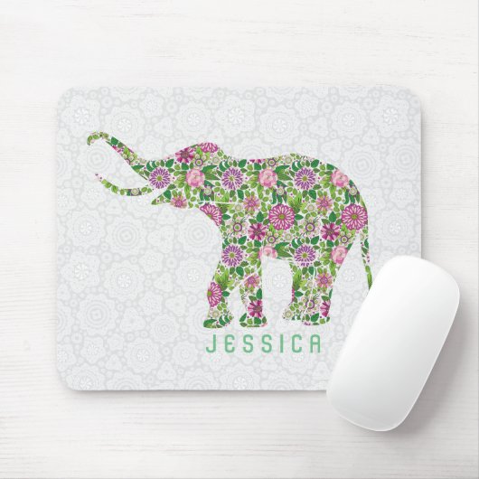 Farbenfrohe Retro-Blumen-Elefant auf Weiß Mousepad (Mit Mouse)