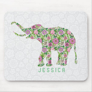 Farbenfrohe Retro-Blumen-Elefant auf Weiß Mousepad