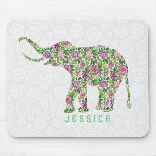 Farbenfrohe Retro-Blumen-Elefant auf Weiß Mousepad (Vorne)
