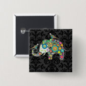 Farbenfrohe Retro-Blumen-Elefant & Vögel Button (Vorne & Hinten)