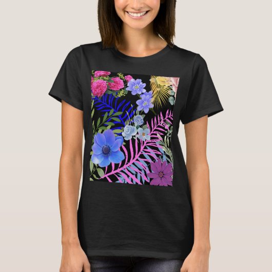 Farbenfrohe Retro-Blumenfutter, Bontanic Folies T-Shirt (Vorderseite)