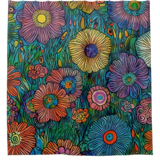 Farbenfrohe Retro Blumengarten Duschvorhang (Vorderseite)