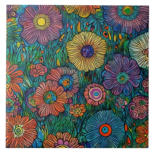 Farbenfrohe Retro Blumengarten Fliese (Vorderseite)