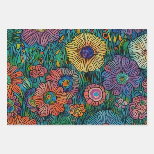 Farbenfrohe Retro Blumengarten Geschenkpapier Set (Vorderseite 2)