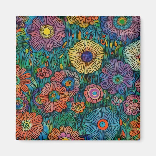Farbenfrohe Retro Blumengarten Magnet (Vorne)