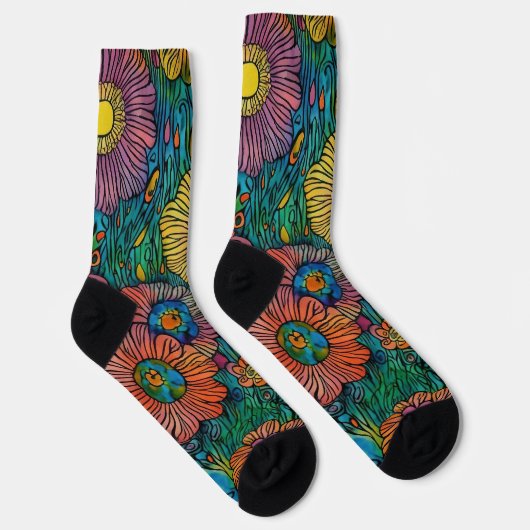 Farbenfrohe Retro Blumengarten Socken (Rechts)