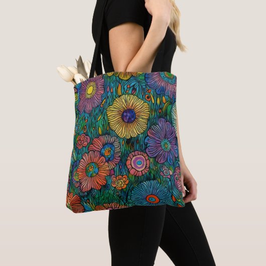 Farbenfrohe Retro Blumengarten Tasche (Von Nahem)