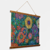 Farbenfrohe Retro Blumengarten Wandteppich Mit Holzrahmen (Gewinkelt)