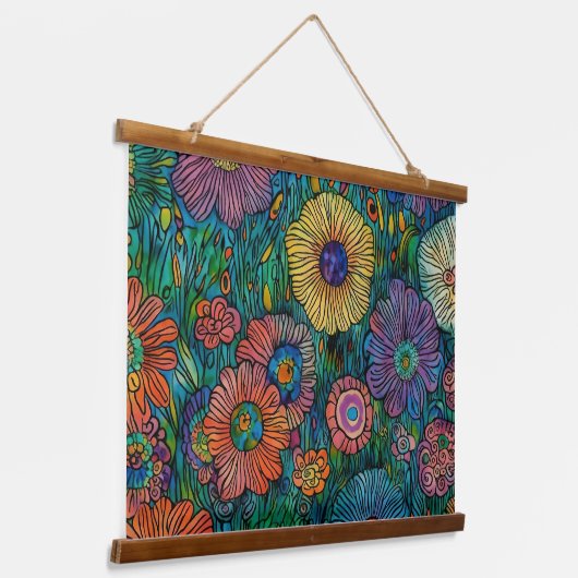 Farbenfrohe Retro Blumengarten Wandteppich Mit Holzrahmen (Gewinkelt)