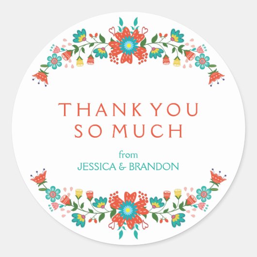 Farbenfrohe Retro Blumenkranz Danke Sticker (Vorderseite)