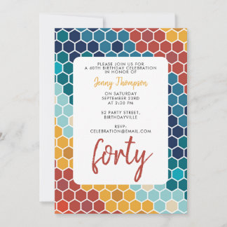 Farbenfrohe Retro-Blumenmosaik Hexagon Geburtstag Einladung