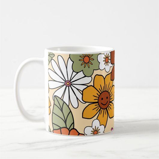 Farbenfrohe Retro-Blumenmuster im 70er-Stil. Vinta Kaffeetasse (Links)