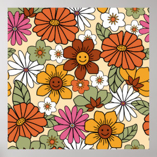 Farbenfrohe Retro-Blumenmuster im 70er-Stil. Vinta Poster