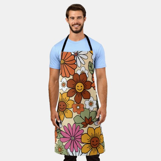Farbenfrohe Retro-Blumenmuster im 70er-Stil. Vinta Schürze (Getragen)