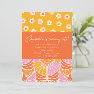 Farbenfrohe Retro Blumenorange Orange 40. Geburtst Einladung