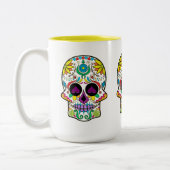 Farbenfrohe Retro Blumenschädel Lila Herzen Zweifarbige Tasse (Links)