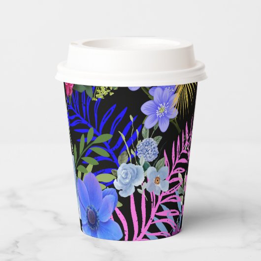 Farbenfrohe Retro-Blumenzange Pappbecher (Rückseite)