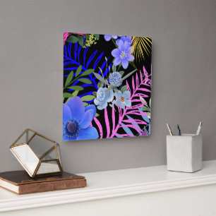 Farbenfrohe Retro-Blumenzange Quadratische Wanduhr