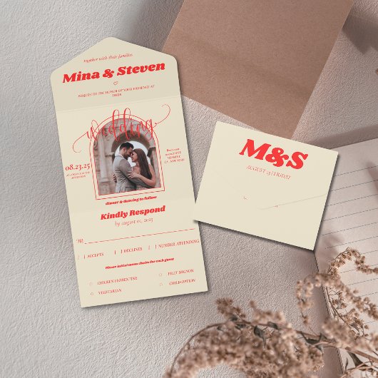 Farbenfrohe Retro-Bogen Foto Hochzeit All In One Einladung